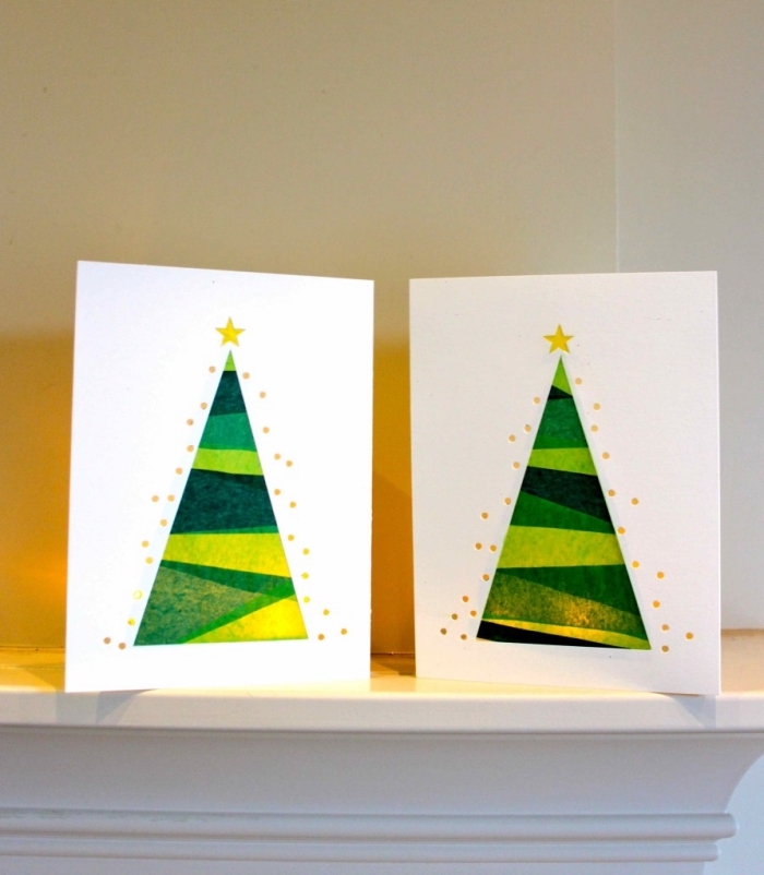 karten aus druckpapier, weihnachtsgeschenke selber machen, grünes seidenpapier