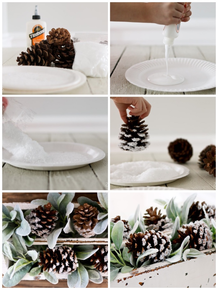 weißer papierteller, weihnachtstischdeko basteln, tannenzapfen mit klebstoff und kunstschnee dekorieren