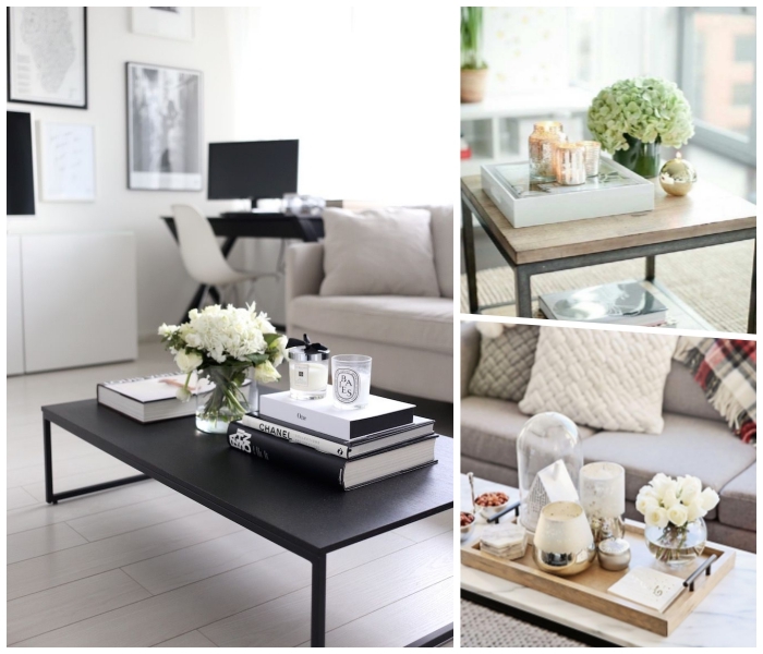 deko wohnzimmer modern, kaffeetisch dekorieren ideen, glasvasen mit blumen, duftkerzen, kerzenhalter