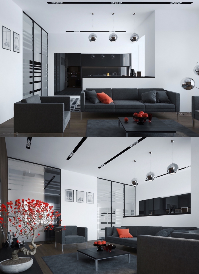 wohnzimmer deko in orange, einrichtung in wieß und schwarz, kleiner baum, küche und wohnzimmer in einem