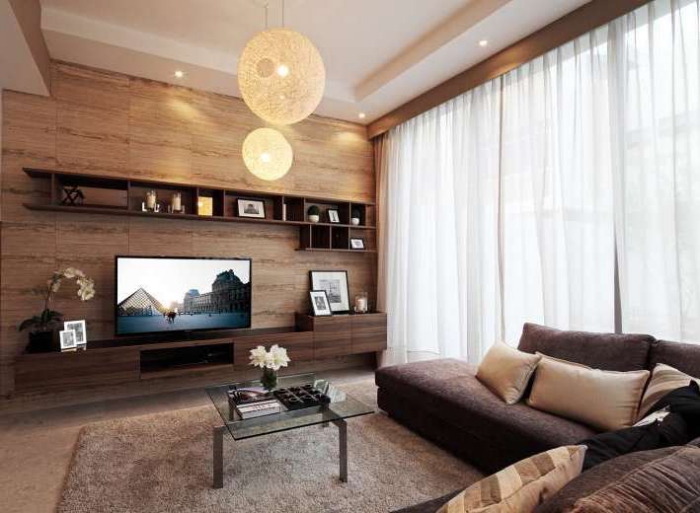 wohnzimmer ideen modern, einrichtung in braun und beige, runde geflochtene pendelleuchten