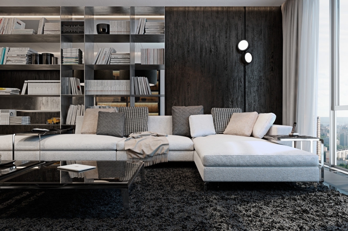 wohnzimmer ideen modern, schwarzer flauschiger teppich, regale mit bücher, wandleuchten