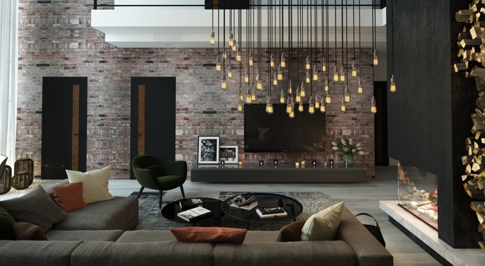 wohnzimmer ideen modern, große ziegelwand, schwarze kaffeetische set, händende lampen