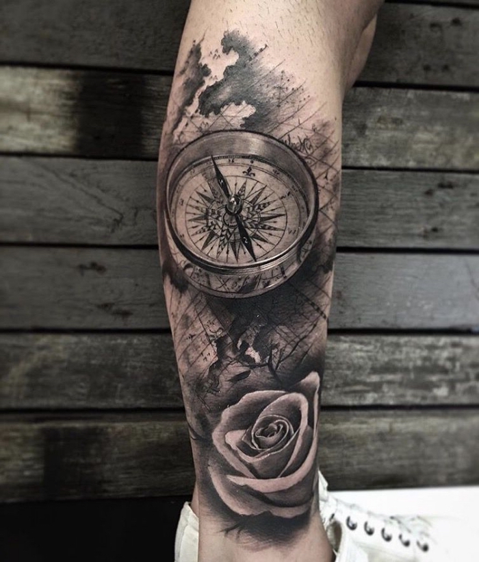 3d tattoo beudeutung, maritimes symbol, weiße rose, detaillierte karte
