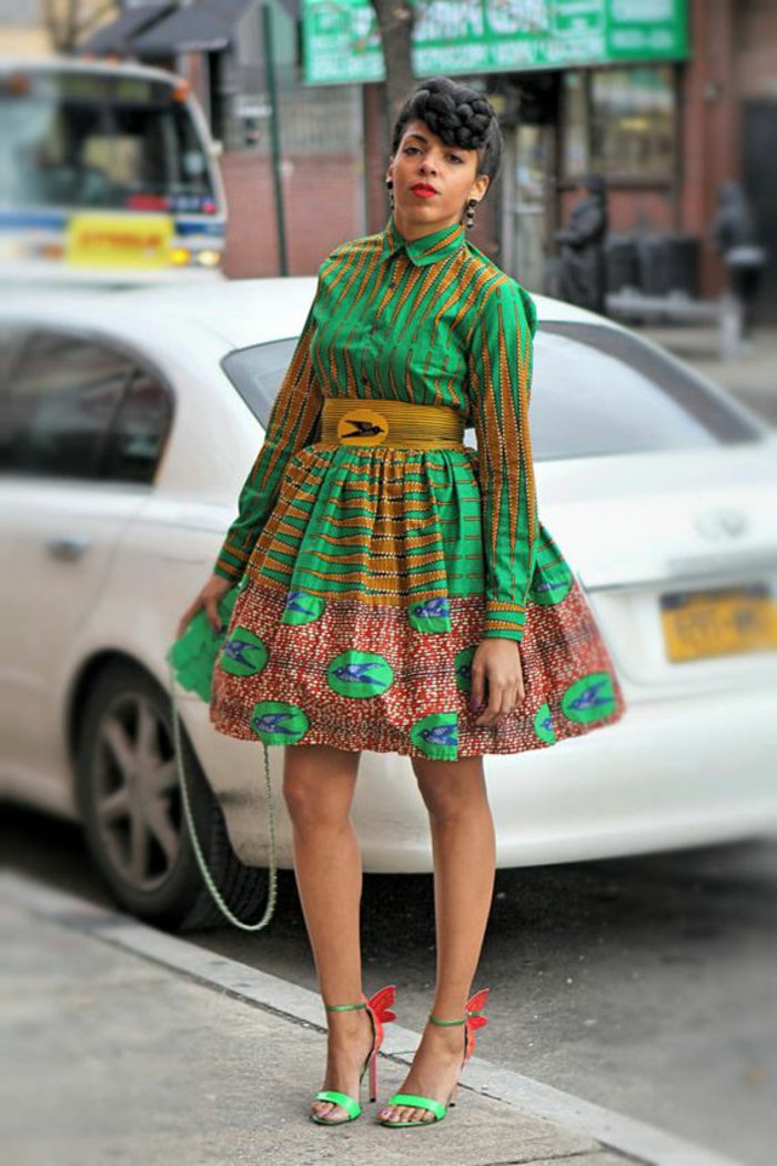 stoffe online kaufen um solche stilvolle alltagskleider zu nähen, stilideen von afrika, großer gelber gürtel, grünes kleid