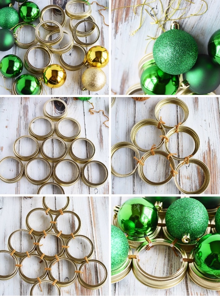 weihnachtsdeko basteln, verschlussdeckel für einmachgläser, grüne und gelbe weihnachtskugeln