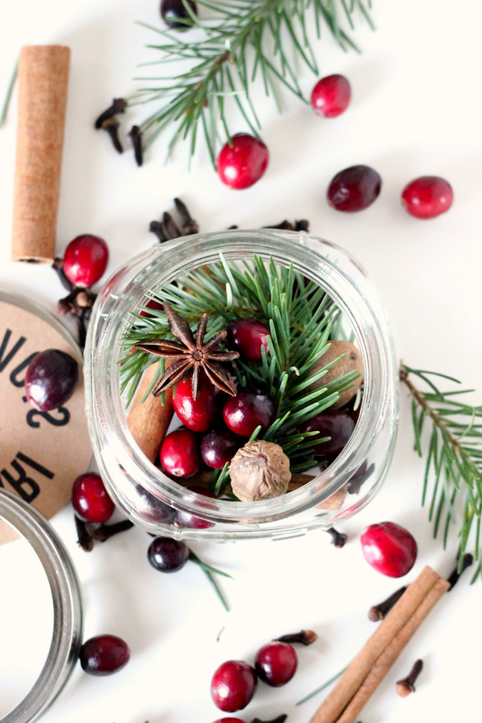 Beeren, Zimt und Tannenzweige in kleines Einmachglas füllen, kreatives DIY Geschenk zu Weihnachten 
