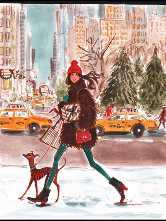 Schönes winterliches Bild, Frau mit braunem Pelzmantel, grüner Hose und roter Mütze, mit Hund sprazierengehen 