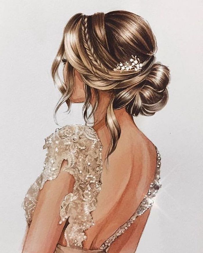 Schönes Bild zum Nachmalen, Frau in weißem Abendkleid mit Kristallen, elegante Hochsteckfrisur 