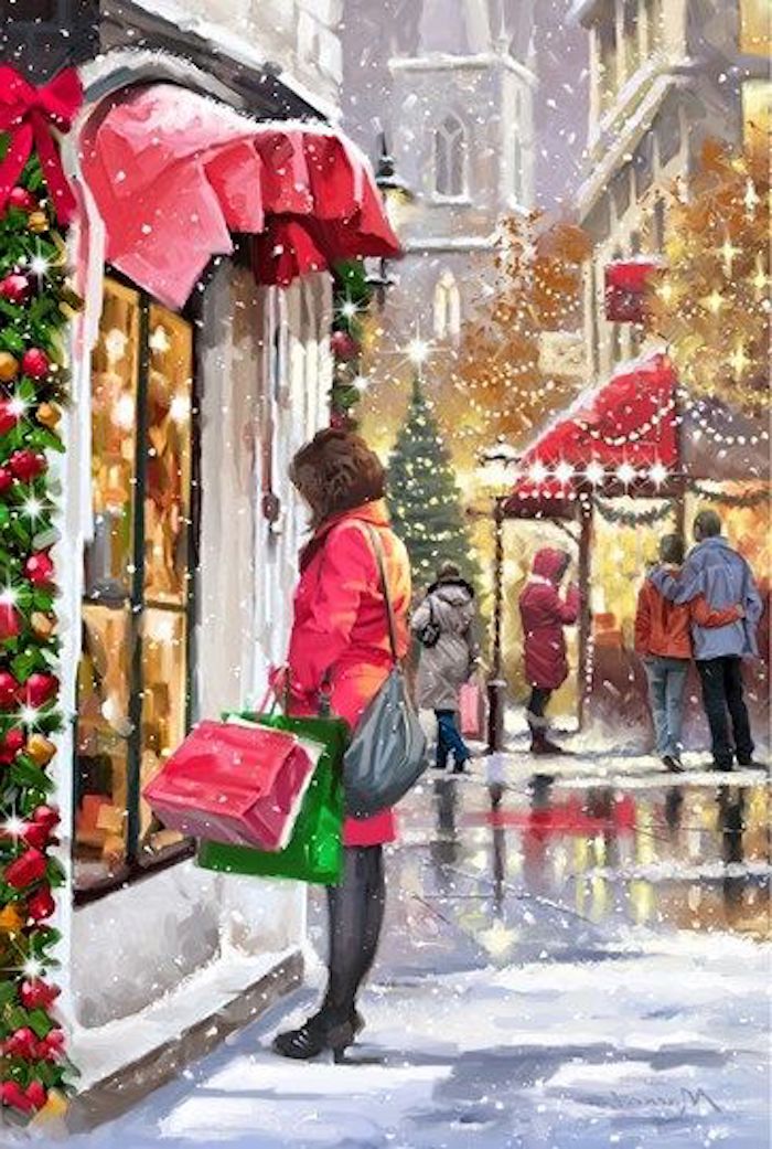 Schönes winterliches Bild, Frau steht vor dem Schaufenster einer Geschäft, Weihnachtsschmuck und Schnee