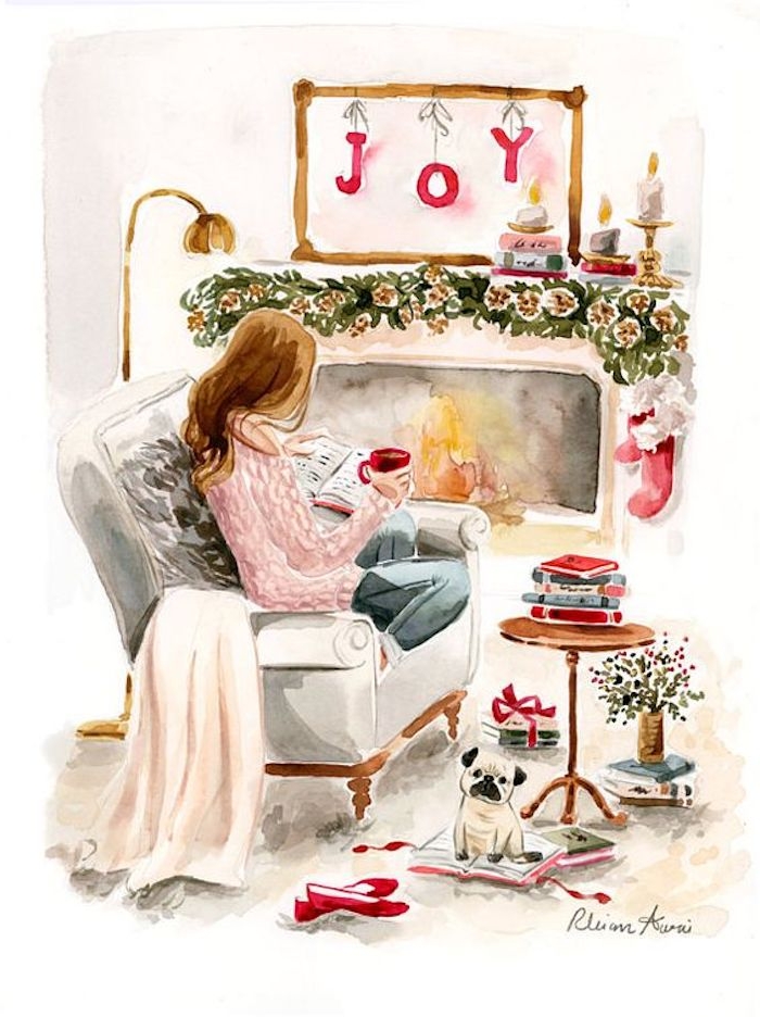 Schönes weihnachtliches Bild, Frau liest Buch und trinkt Kaffee vor dem Kamin, Tannengirlande mit Zapfen am Kamin 