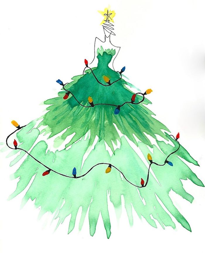 Schöche Zeichnung, Frau mit grünem Kleid als Weihnachtsbaum, Stern auf dem Kopf