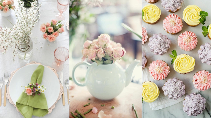 bunte Tischdeko mit rosa Blumen, Cupcakes mit bunten Creme wie Blumen, Geburtstagsdeko