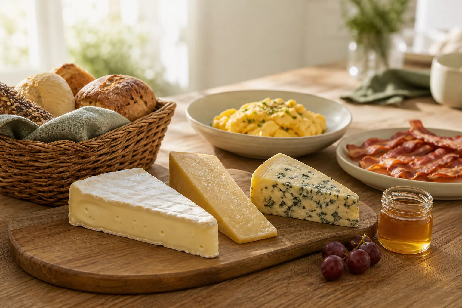 Nahaufnahme von Käseplatte, Brotkorb und Eierspeise auf dem Buffet