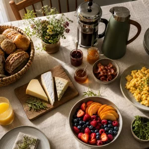 Brunch Ideen für ein gedecktes Buffet mit Käse, Brot und Obst