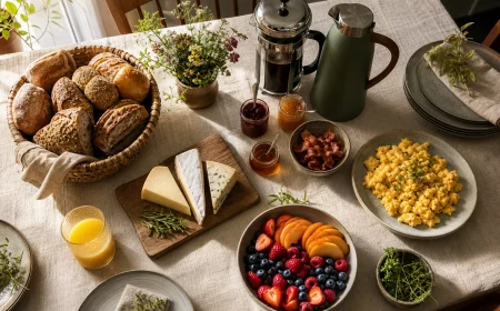 Brunch Ideen für ein gedecktes Buffet mit Käse, Brot und Obst