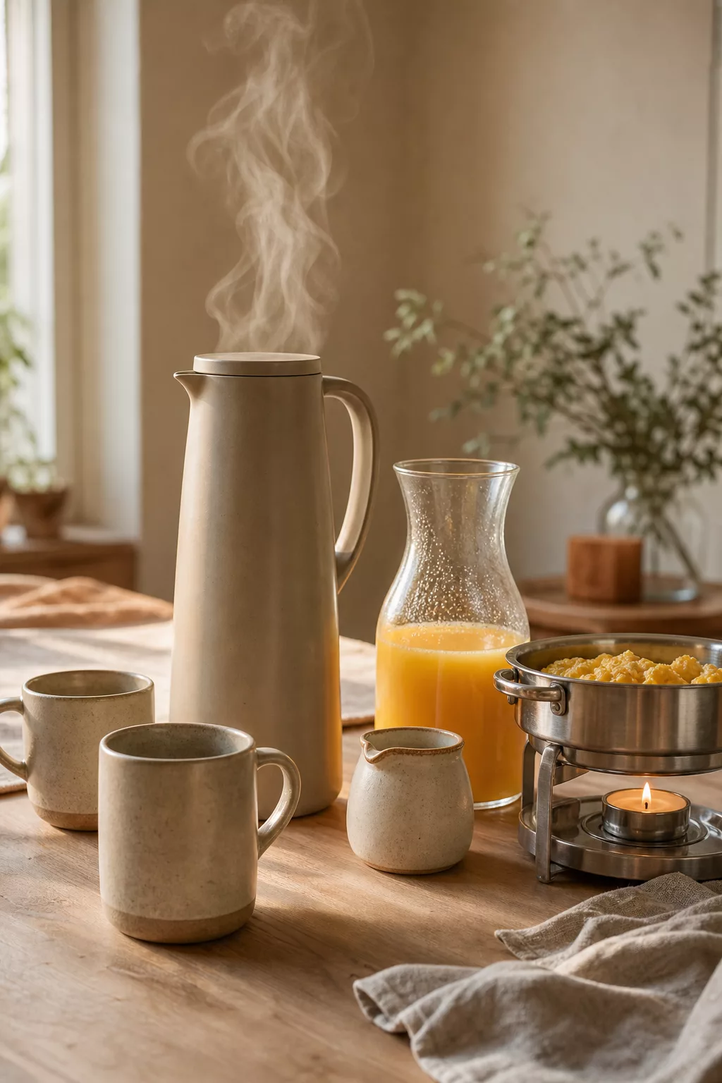 Kaffeekanne und Gläser mit Saft auf dem Brunch Tisch