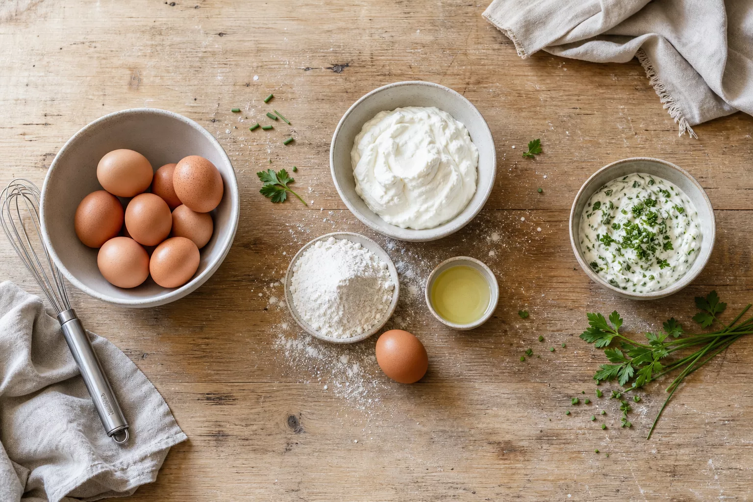 Zutaten Flatlay für Rührei, Quark Öl Brötchen und Kräuterdip