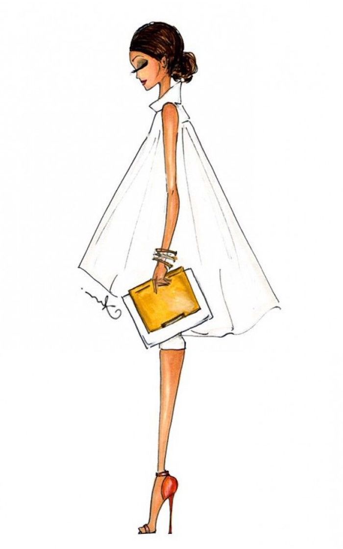 Wie zeichnet man eine Frau im Profil, weißes Kleid, rote Pumps und gelbe Handtasche 