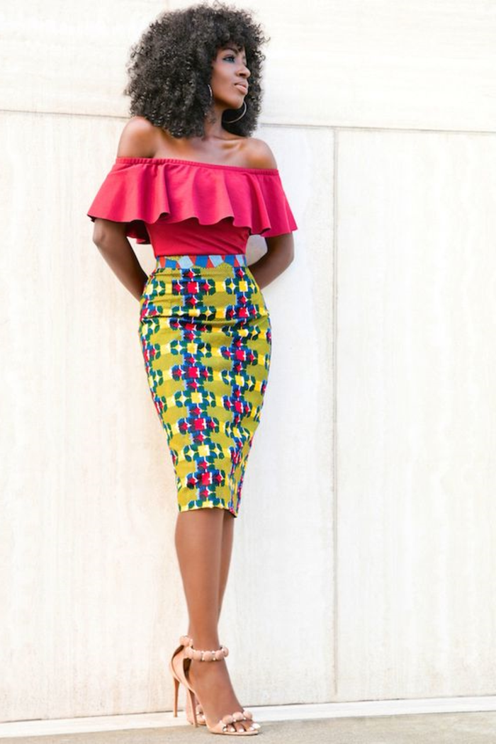 kaftan afrikanische mode, bleistiftrock und kurzer top in rot, breite und schöne modelle, enger rock, gelb mit rosa