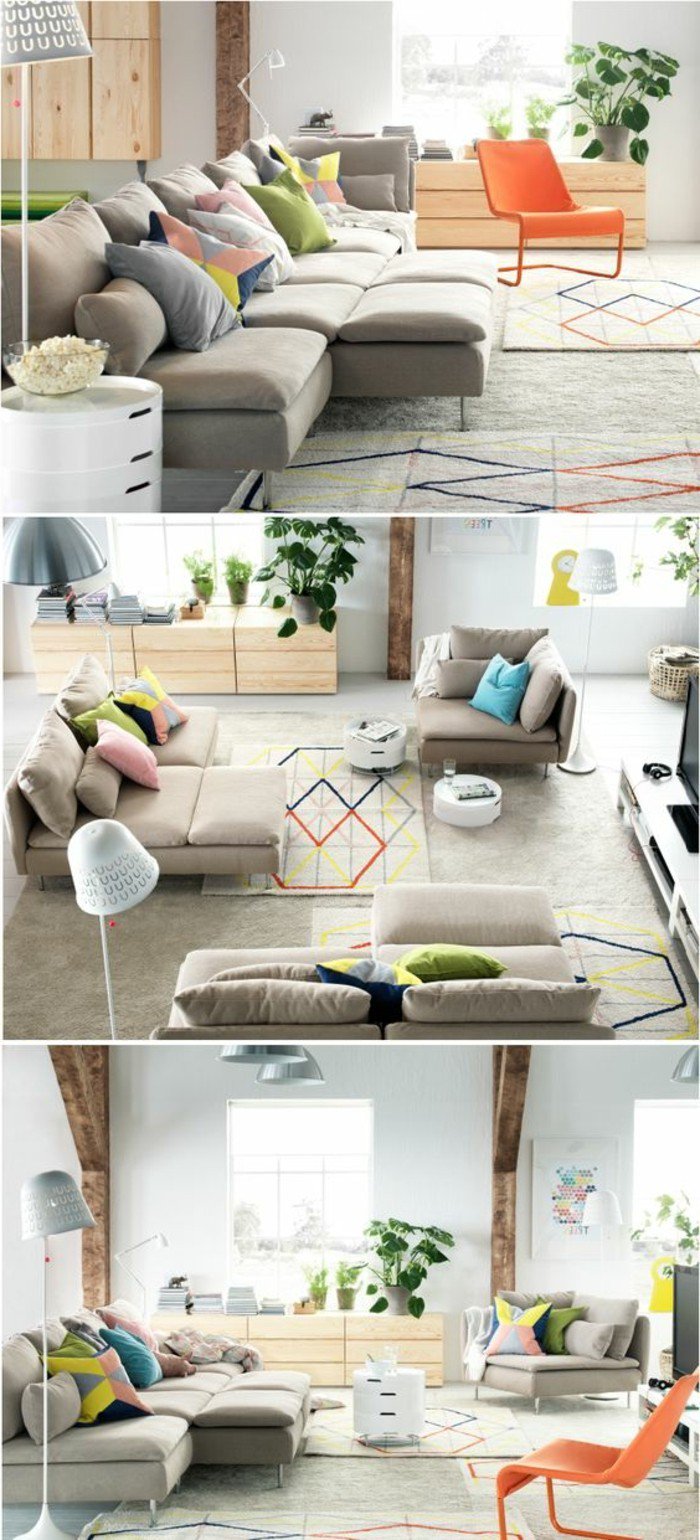 drei Fotos von kleinem Wohnzimmer, kleines Wohnzimmer einrichten, graues Sofa und oranger Sessel