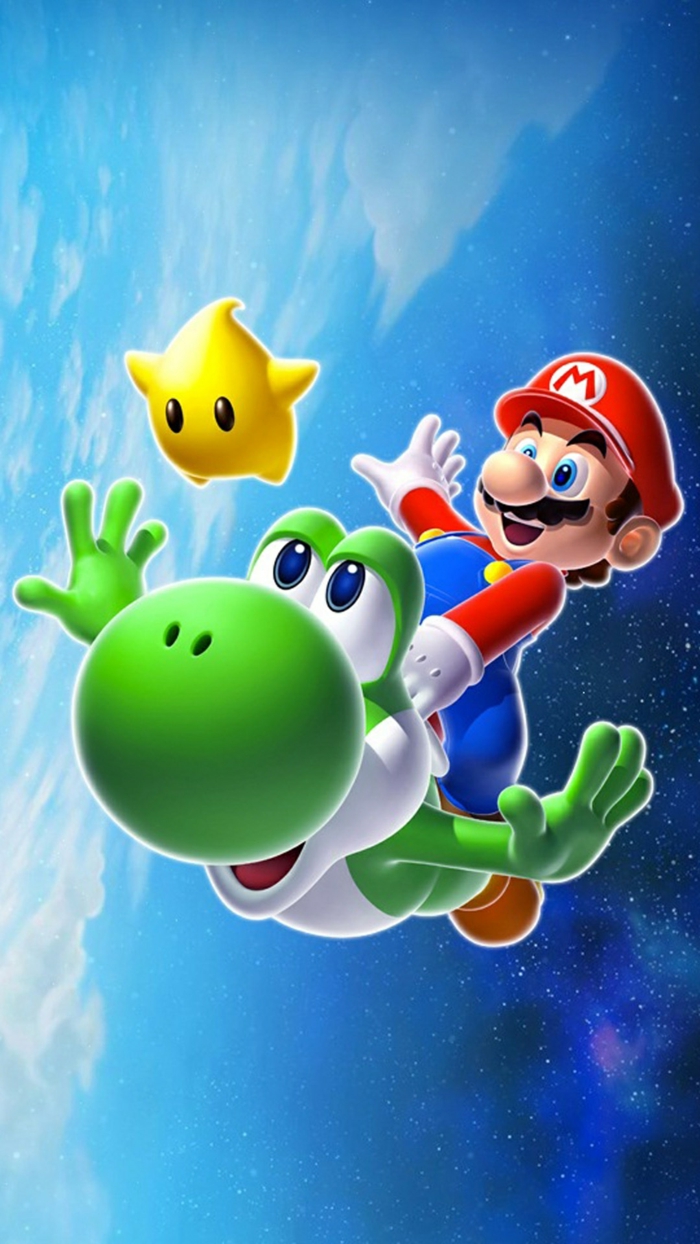 ein Bild von Super Mario mit seinem Haustier und ein kleiner Stern, in dem Kosmos, schöne Hintergrundbilder