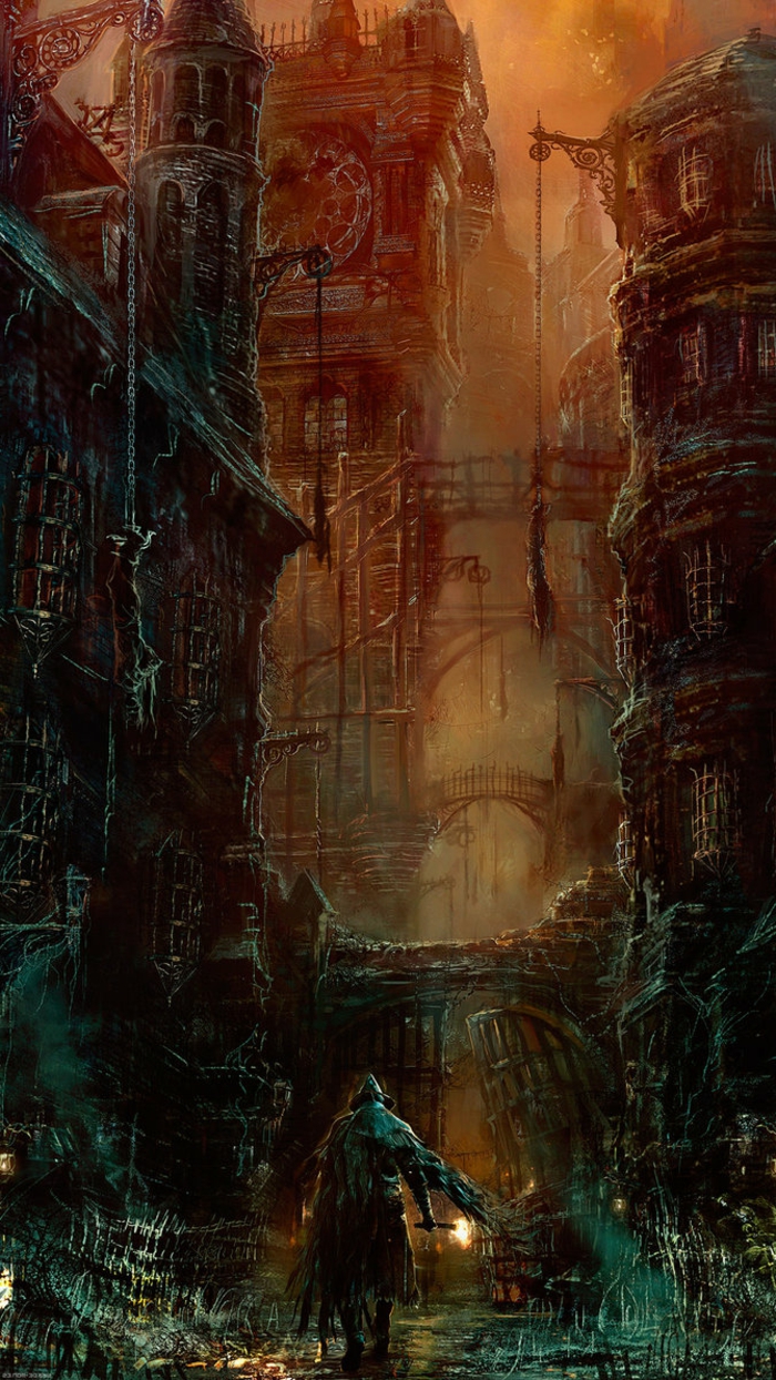 ein Bild aus Assasins Creed, eine Stadt in Flammen und ein Mensch mit Fackel, schöne Hintergrundsbilder