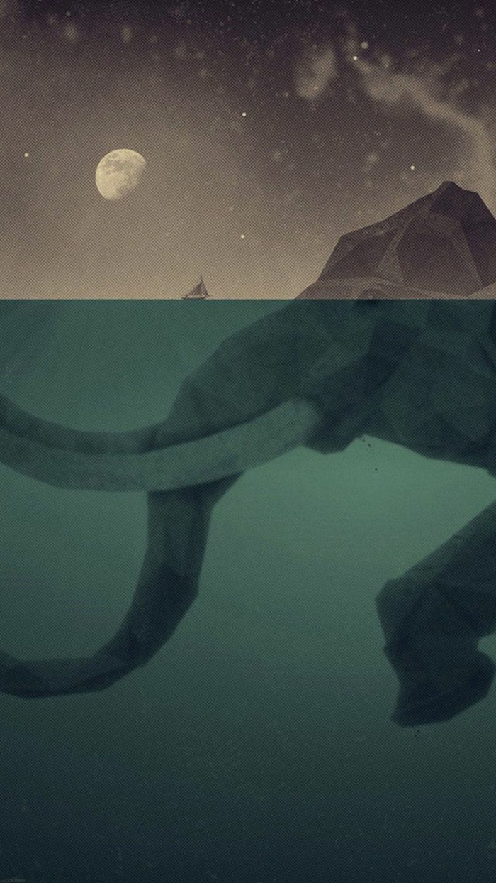 ein kunstvolles Bild von einem Elefanten wie ein Berg unter Wasser, ein Boot, nachtlicher Himmel mit Mond, coole Hintergrundbilder