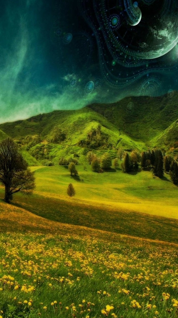ein fantastisches Bild von Gebirge und Wiese mit gelber Blumen, ein UFO in dem Himmel, Bildschirmhintergrund 