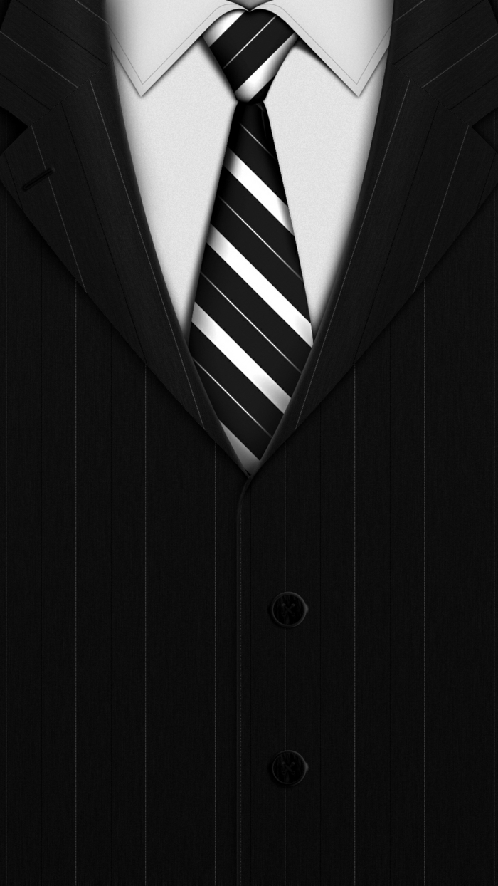 ein eleganter Anzug mit schwarz-weißer Krawatte, weißes Hemd, neutraler Bildschirmhintergrund