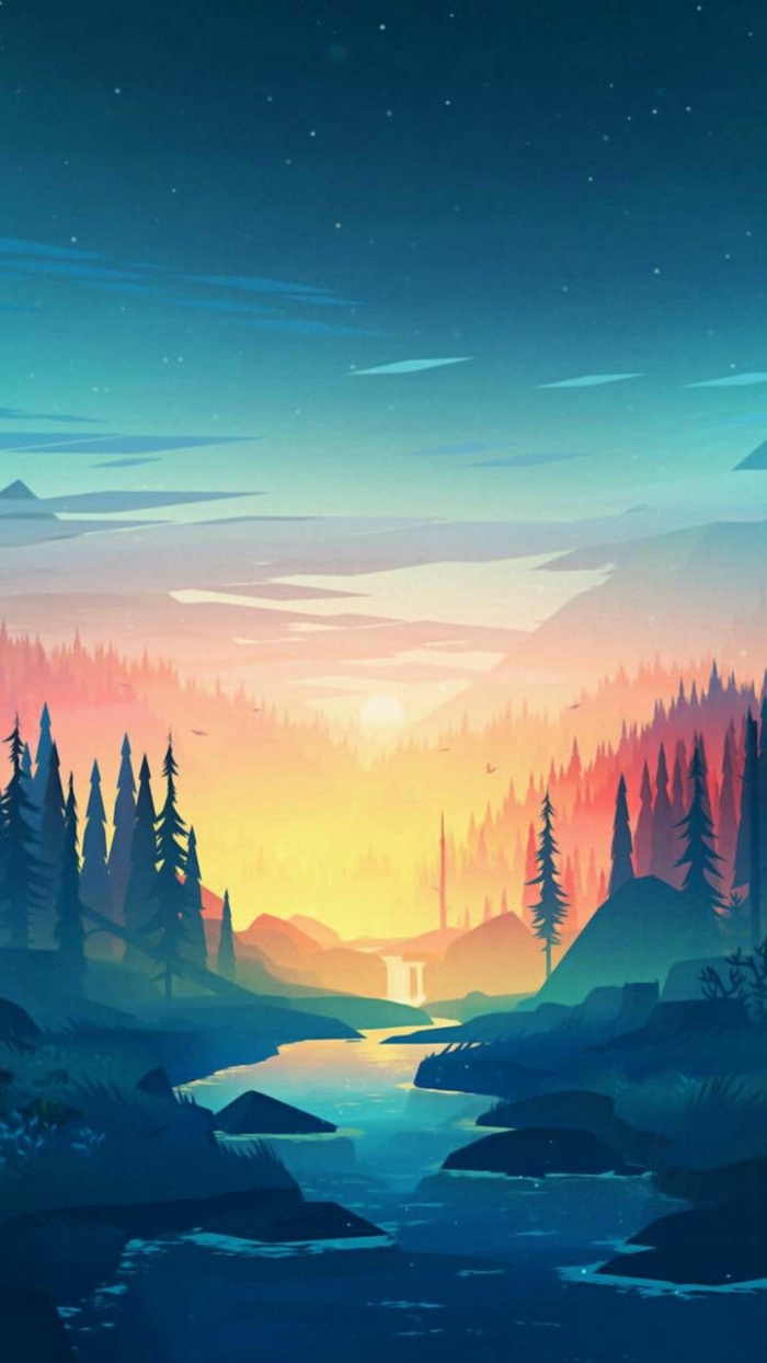 ein Sonnenuntergang, zwischen zwei Berge, ein Fluss, Wald mit Tannenbäumen, Bildschirmhintergrund