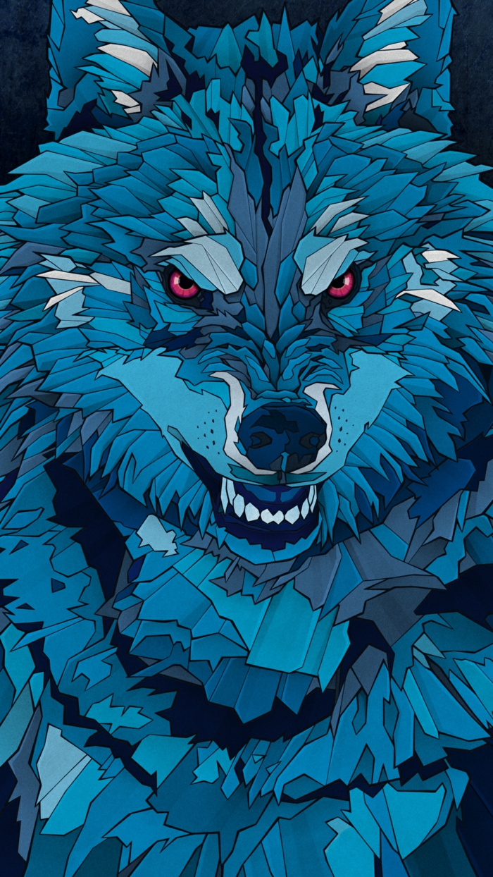 ein Wolf in blauer Farbe, rote Augen, ein gruselige Miene, Hintergrundbilder kostenlos, die Stärke symbolisieren