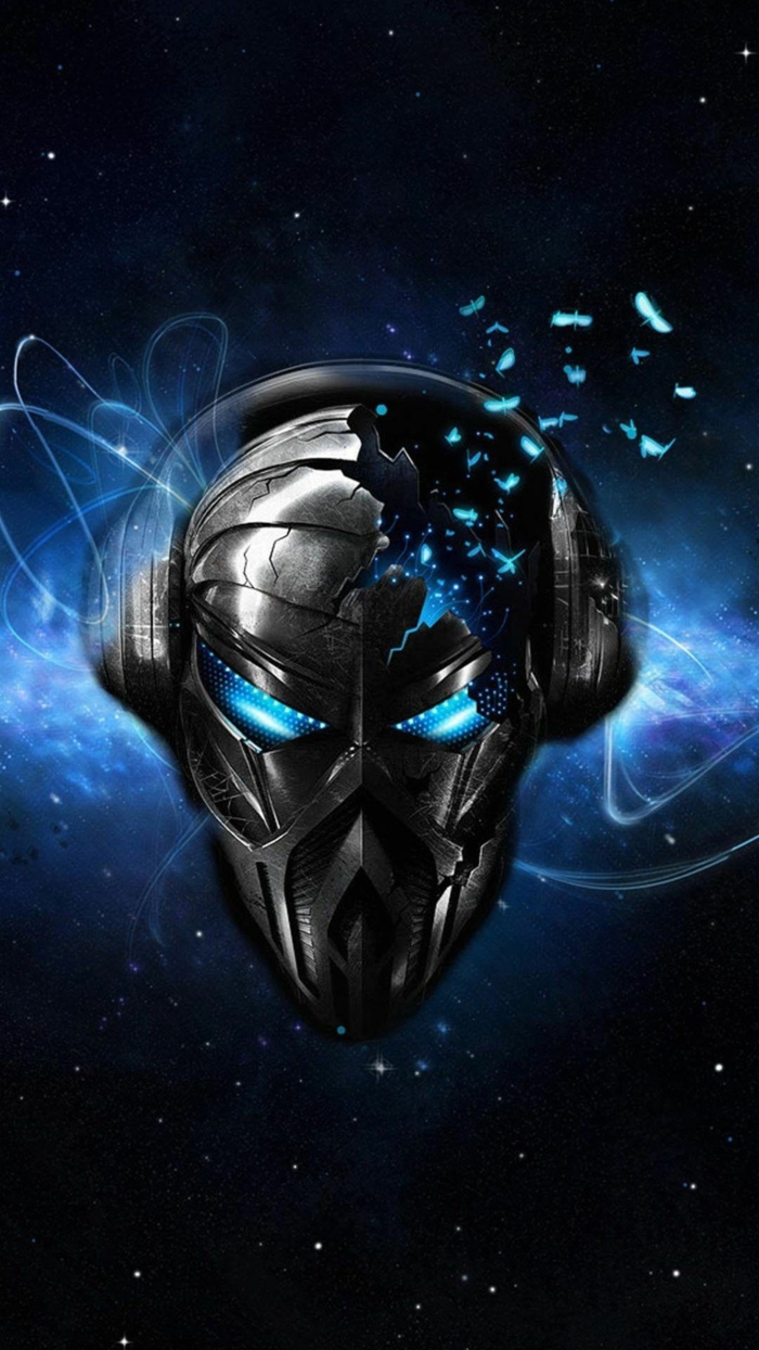 eine schwarze Maske von Android, blaues Licht, viele Sterne, coole Hintergrundsbilder, Kopfhörer