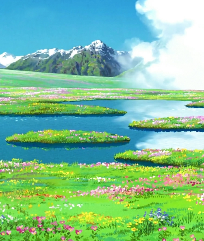 eine grüne Wiese mit einem See, Gebirge im Hintergrund, weiße Wolken, coole Hintergrundbilder