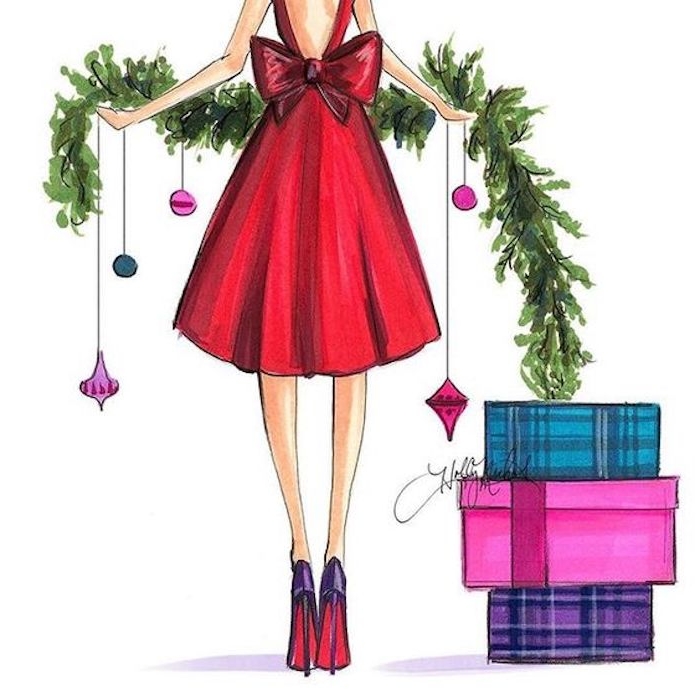 Weihnachtliches Bild zum Nachmalen, Frau mit rotem Kleid hält Tannengirlande, drei Weihnachtsgeschenke 