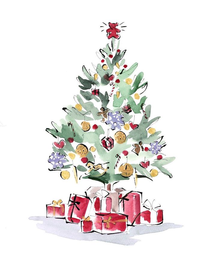Einfache Zeichnung für Anfänger, Weihnachtsbaum mit viel Schmuck, Weihnachtsgeschenke in roten Verpackungen 