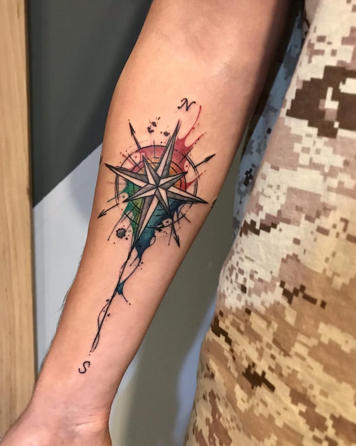 farbiges tattoo kompass am unterarm, tätowierung mit wasserfarben, weltrichtungen