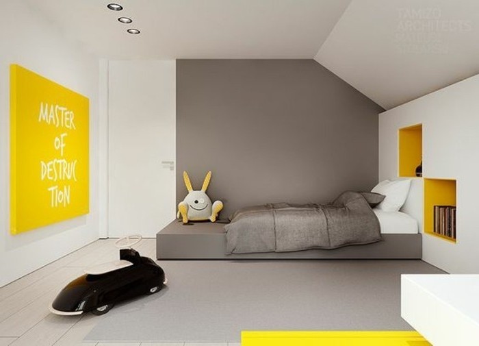 wandgestaltung wohnzimmer, grau wand färben, gelbe dekor ideen, hase plüschtier spielzeug