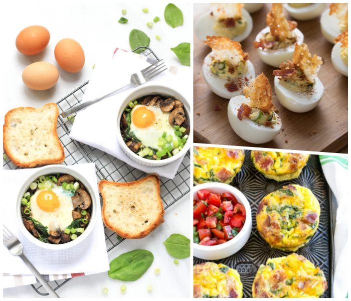 frühstück in schalen mit eiern, pilzen und frühlingszwiebeln, frühstücksbuffet selbst gemacht