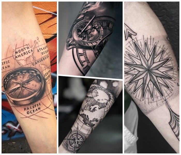 tattoo weltkarte, 3d tätowierung mit sonnenuhr als motiv, symbole für reisen