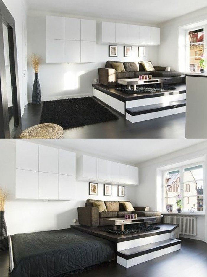 weiße Regale, ein grauer Teppich, braunes Sofa, kleine Bilder, ein kompaktes Bett, kleine Räume einrichten