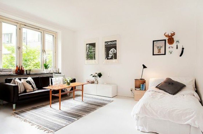 kleines wohnzimmer einrichten, einzelbett, sofa, teppich, tisch und wnddeko poster, einfaches design, minimalistisch leben