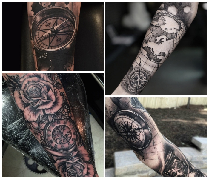 kompass tattoo, designs in schwarz grau, weiße rosen in kombination mit uhr, weltkarte