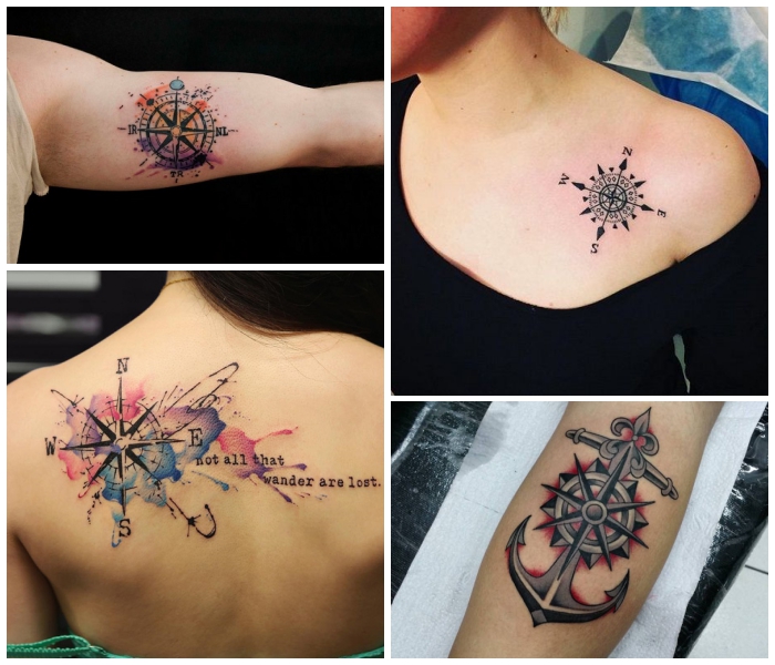 kompass tattoo am rücken in kombination mit schriftzug, bunte farben, anker mit steuerrad