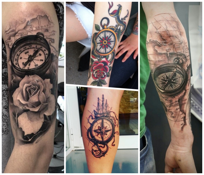 kompass tattoo, verschiedene designs, rote rosen, 3d tätowierung, schiff