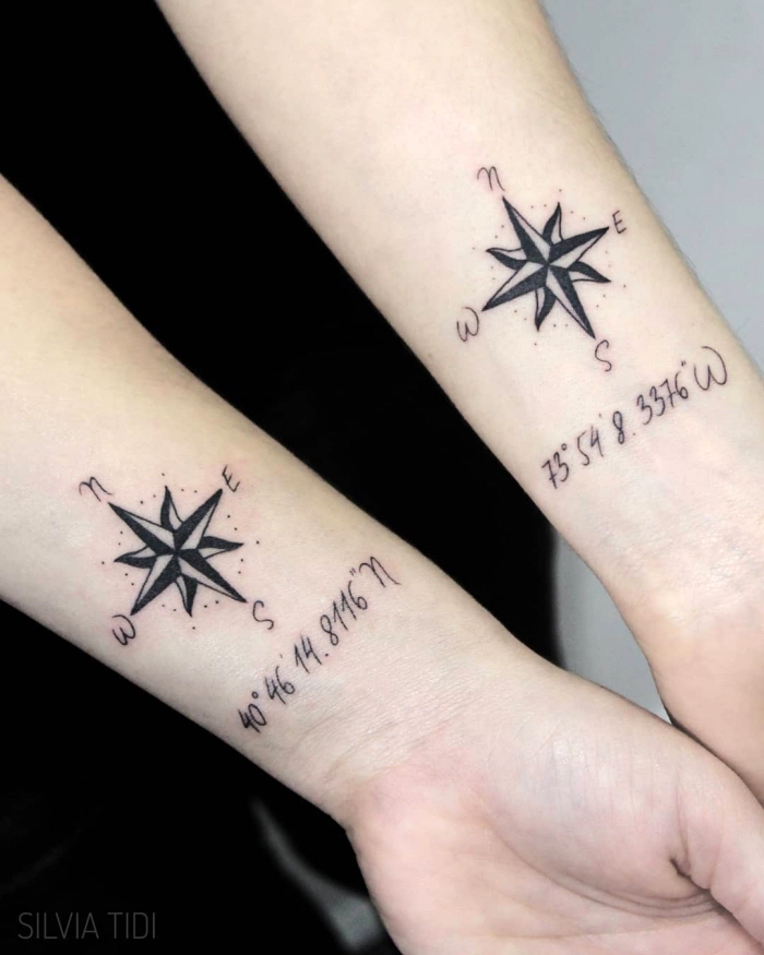 koordinaten tattoo für geschwister, viele zahlen, kleine motive, weltrichtungen