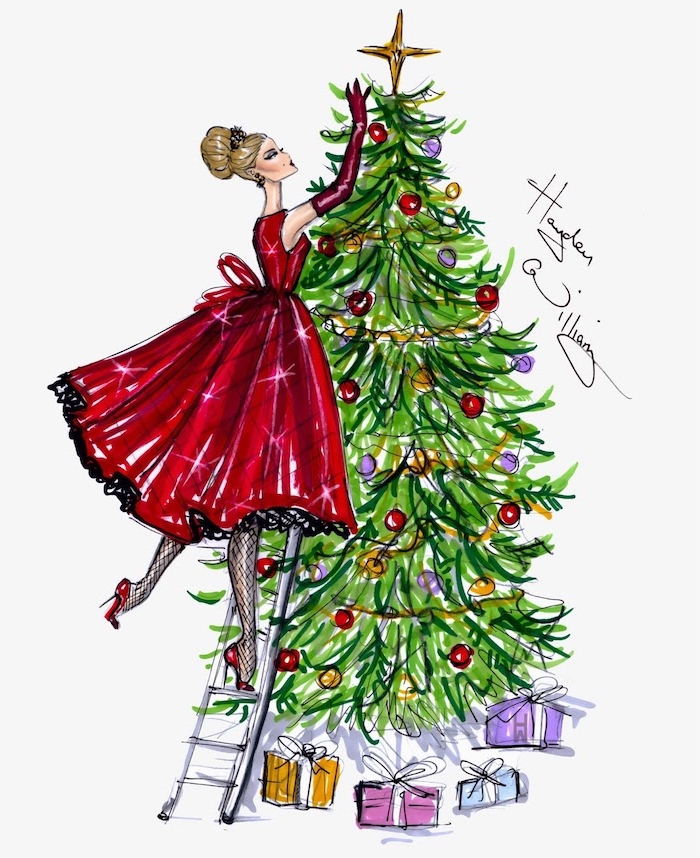Schönes Bild zum Nachmalen, Frau mit rotem Kleid und roten Pumps schmückt Weihnachtsbaum 