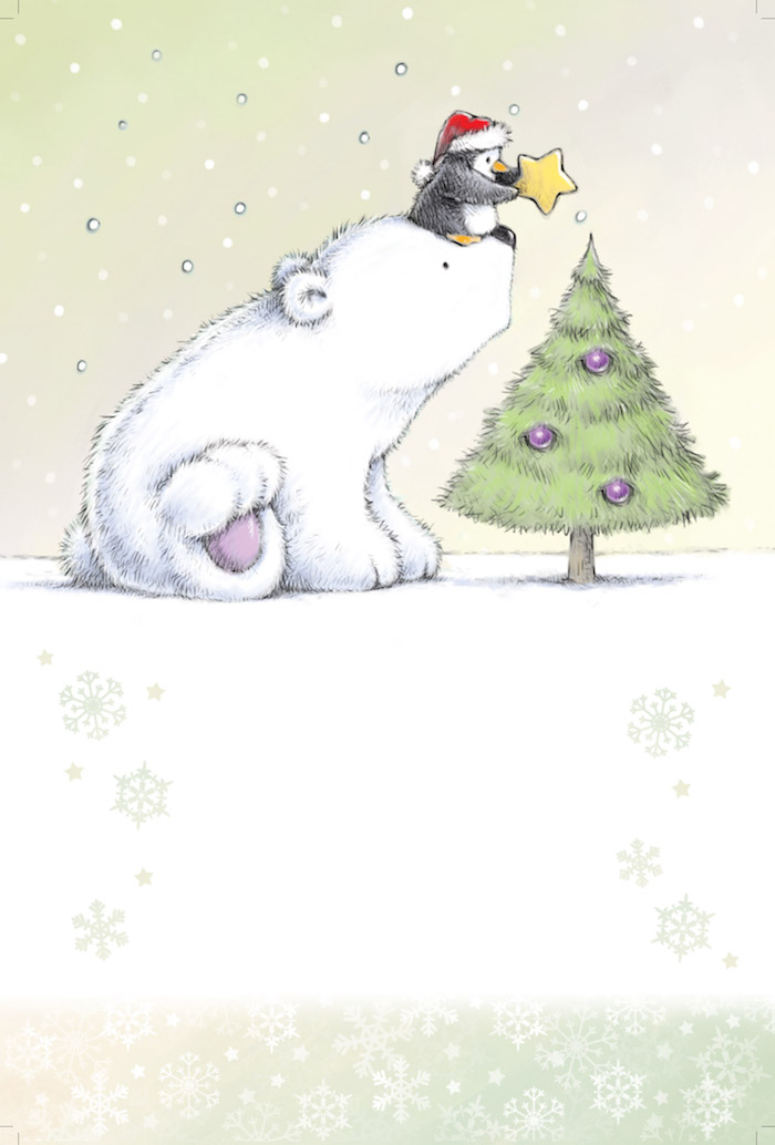 Süße weihnachtliche Zeichnung, Eisbär und Pinguin mit Weihnachtsmütze schmücken den Tannenbaum 