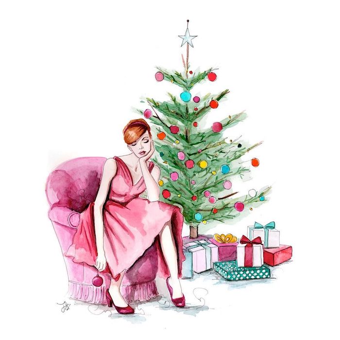 Schönes Bild zum Nachzeichnen, Frau mit rotem Kleid sitzt neben Weihnachtsbaum, bunte Christbaumkugeln und Geschenke 