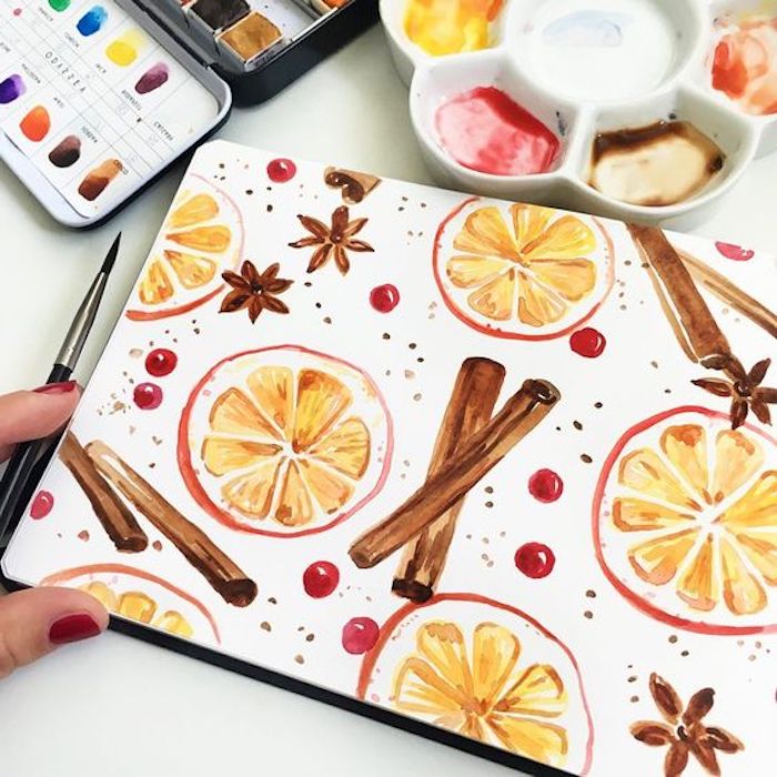 Einfache Zeichnungen für Anfänger, Orangenscheiben Zimt und Beeren mit Wasserfarben zeichnen 